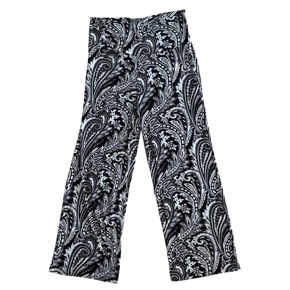 Wide Leg Women's 1X Flowy Black White Paisley High Rise Pants Soft Stretch Boho - Picture 1 of 5